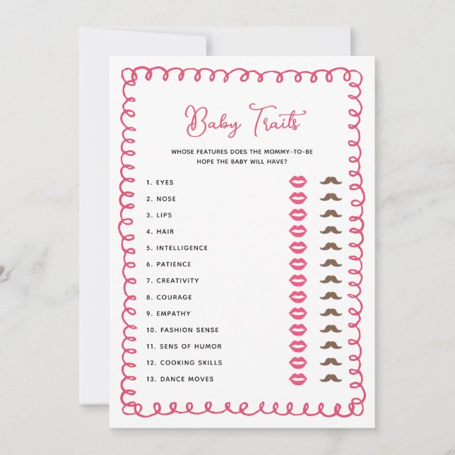 Hand Drawn Pink Baby Shower Baby Traits Game Cards (Front)