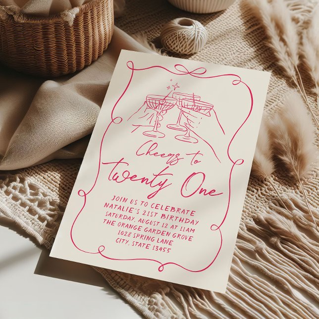 Hand Drawn Pink Bow 21st Coquette Birthday Party Invitation (Creator Uploaded)