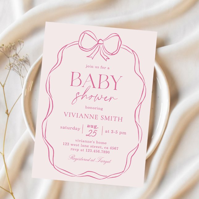 Hand Drawn Pink Bow Baby Girl Shower Invitation (Creator Uploaded)