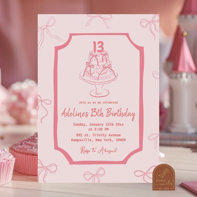 Hand Drawn Pink Bow Cake Birthday Girl Invitation (Creator Uploaded)