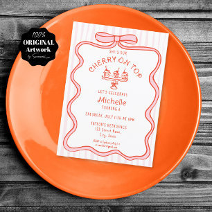 Hand Drawn Pink Bow Cherry on Top Girl Birthday Invitation