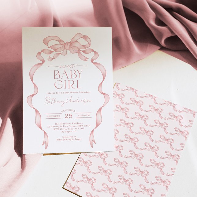 Hand drawn Pink Bow Sweet Baby Girl Shower Invitation (Creator Uploaded)