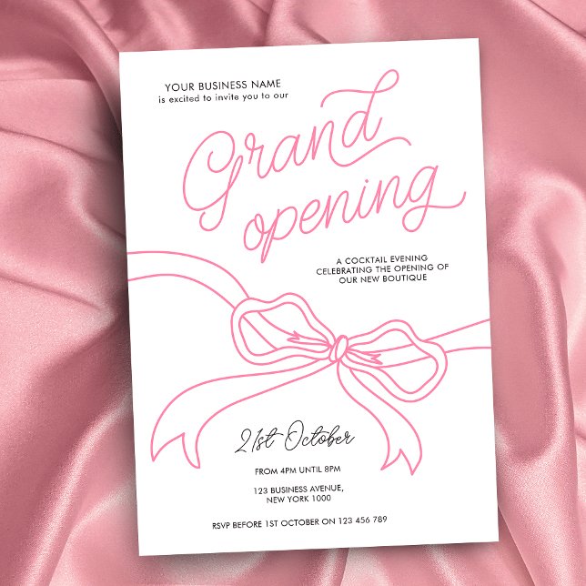 Hand Drawn Pink Bow Unique Business Grand Opening Invitation (Feminine blush pink and white business opening invitation with handwritten text and pink bow graphic)