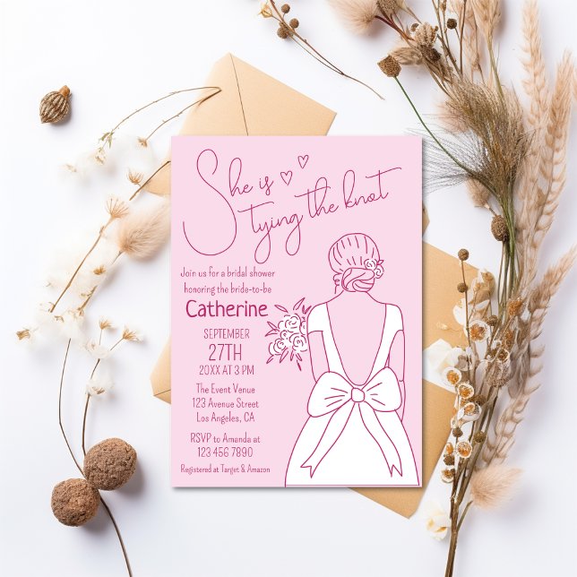 Hand Drawn Pink Bow Wedding Gown Bridal Shower Invitation (Creator Uploaded)