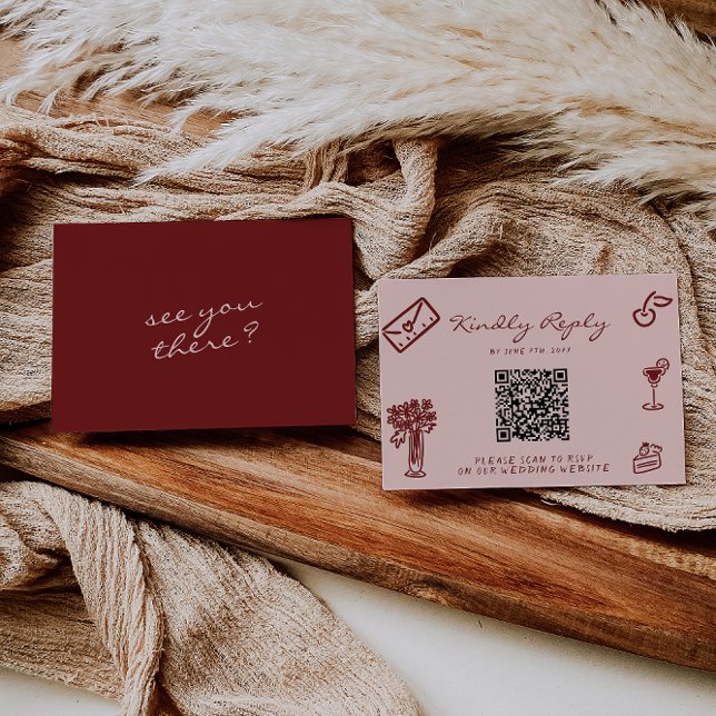 Hand Drawn Pink Burgundy Romantic QR Code Wedding RSVP Card (Creator Uploaded)