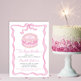 Hand Drawn Pink Cake Pink Bow Birthday Invitation