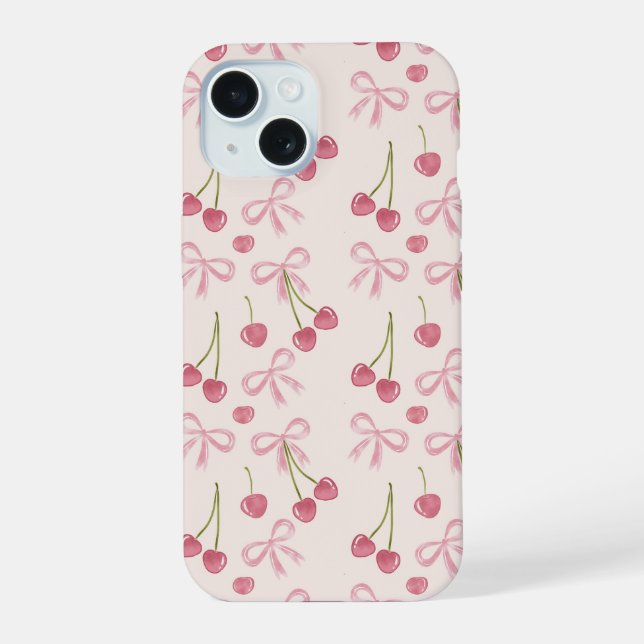 Hand-drawn Pink Cherry Coquette Seamless Pattern iPhone 15 Case (Back)