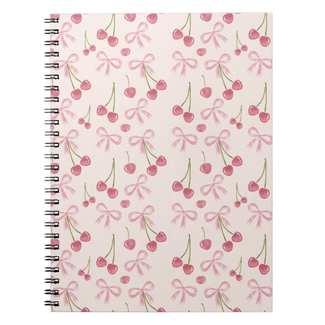 Hand-drawn Pink Cherry Coquette Seamless Pattern Notebook (Front)