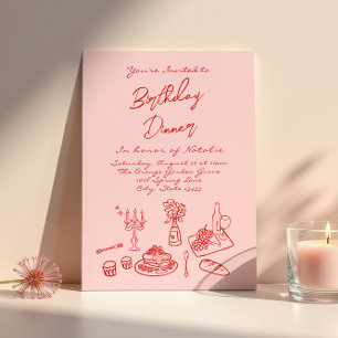 Hand Drawn Pink coquette Fun Birthday Dinner Party Invitation
