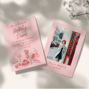 Hand Drawn Pink coquette Fun Photo Birthday Dinner Invitation