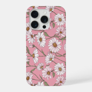 Hand Drawn Pink Daisy White Floral Pattern iPhone 15 Pro Case