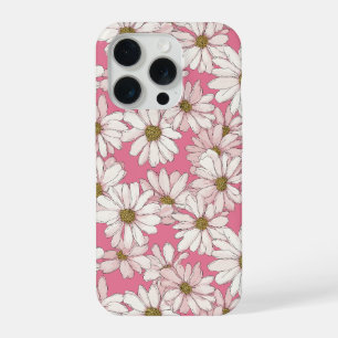 Hand Drawn Pink Daisy White Floral Pattern iPhone 15 Pro Case