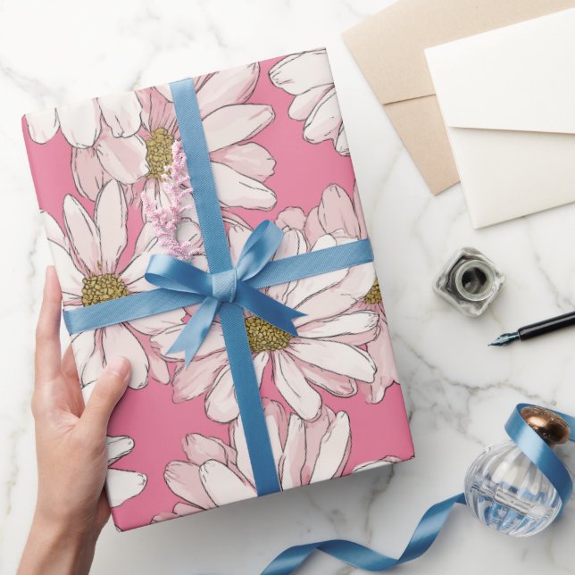 Hand Drawn Pink Daisy White Floral Pattern Wrapping Paper (Gifting)