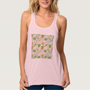 Hand drawn pink flamingo and monstera leaves. Seam Singlet