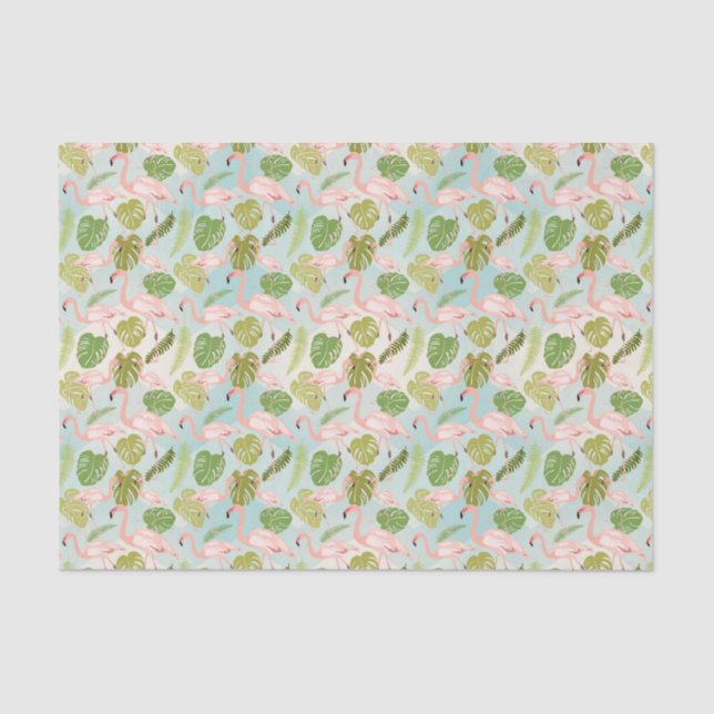 Hand drawn pink flamingo and monstera leaves. Seam Tissue Paper (Front)