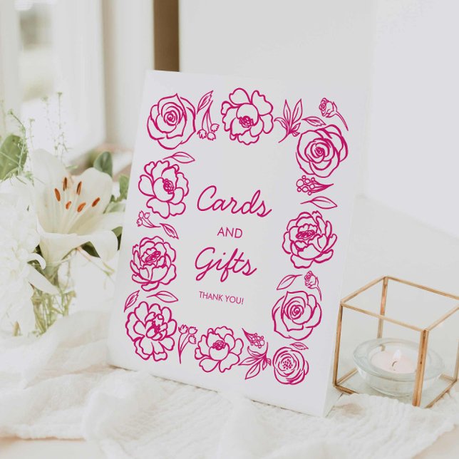 Hand Drawn Pink Floral Cards and Gifts Pedestal Sign (Hot Pink Floral Cards and Gifts Sign)