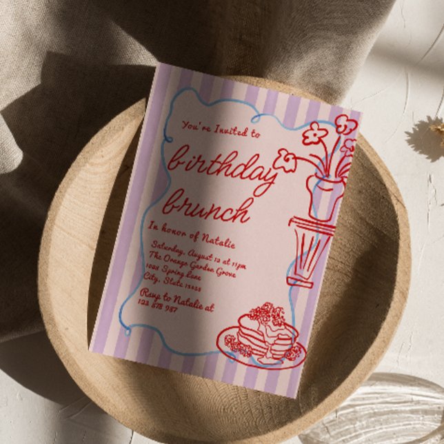 Hand Drawn Pink Flower Pancakes Birthday Brunch Invitation (Creator Uploaded)