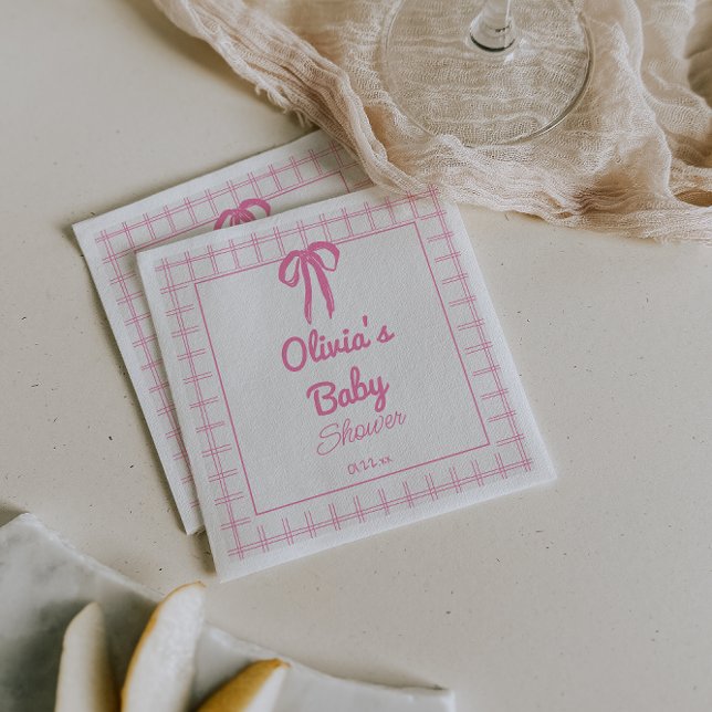 Hand Drawn Pink Gingham Bow Baby Girl Shower Napkin (Creator Uploaded)