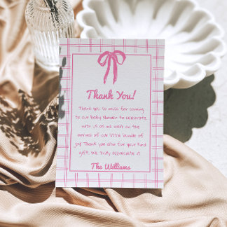Hand Drawn Pink Gingham Bow Girl Baby Shower  Thank You Card