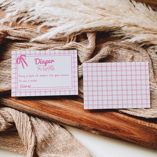 Hand Drawn Pink Girl Bow Gingham Diaper Raffle Enclosure Card (Creator Uploaded)