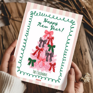 Hand Drawn pink green new year tree greetings Holiday Card