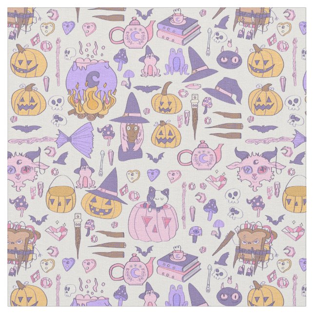 hand drawn pink halloween african witch cauldron  fabric (Close Up)