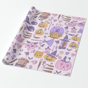 hand drawn pink halloween african witch cauldron wrapping paper