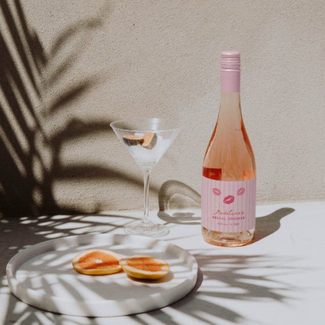 Hand-drawn Pink Lips Valentine's Day Bridal Shower Sparkling Wine Label (Pink Kissy Lipstick Lips Valentines Day or Kiss The Miss Goodbye shower or party in a doodle style)