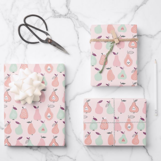 Hand Drawn Pink Pear Pattern Wrapping Paper Sheet (Front)