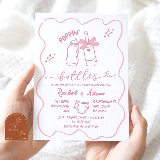 Hand Drawn Pink Poppin Bottles Baby Shower Invitation (Creator Uploaded)