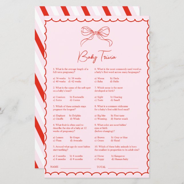 Hand Drawn Pink Red Baby Trivia Baby Shower Game (Front/Back)