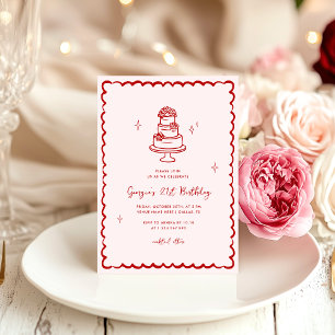 Hand drawn pink & red birthday cake birthday party invitation