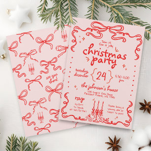 Hand Drawn Pink & Red Bow Modern Christmas Party Invitation