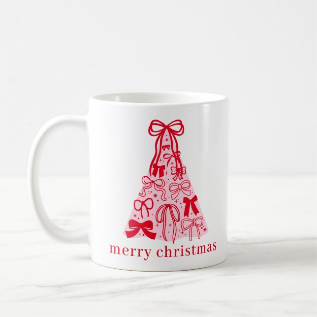 Hand Drawn Pink Red Bows Christmas Tree Coffee Mug (Left)