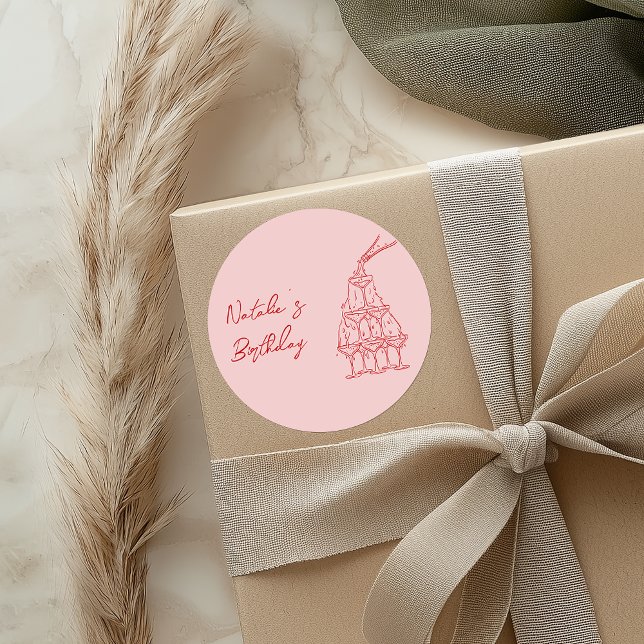 Hand Drawn Pink Red Champagne Tower Birthday  Classic Round Sticker (Creator Uploaded)