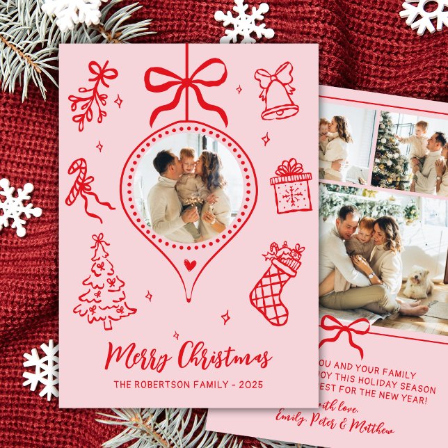 Hand-Drawn Pink Red Doodle Photo Merry Christmas Holiday Card (Creator Uploaded)