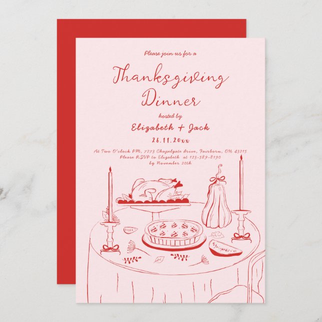 Hand Drawn Pink & Red Handwriting Thanksgiving  Invitation (Front/Back)