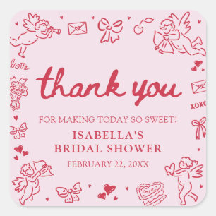 Hand Drawn Pink Red Hearts Valentine Bridal Shower Square Sticker
