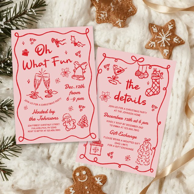 Hand Drawn Pink Red Modern Christmas Party Invitation (Creator Uploaded)