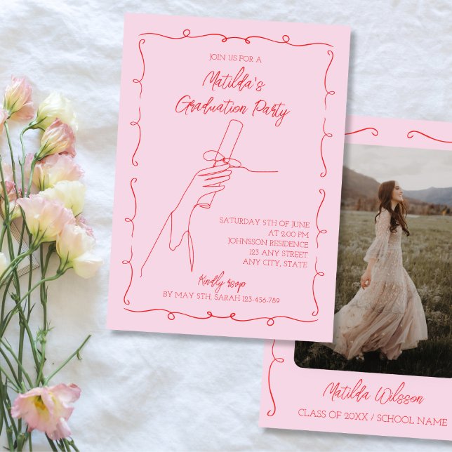 Hand Drawn Pink & Red Photo Graduation Party Invitation (Hand Drawn Pink & Red Photo Graduation Party Invitation 2024)