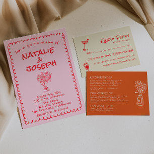 Hand Drawn Pink Red Retro Unique Quirky Wedding Invitation