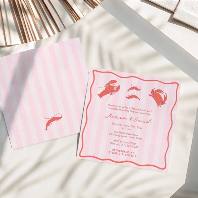 Hand-Drawn Pink Red Seafood Boil Couples Shower Invitation (Modern Pink Red Orange Hand-drawn seafood boil couples shower invitations with stripes + wavy border)