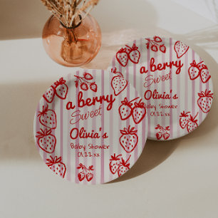 Hand Drawn Pink Red Strawberries Baby Shower Paper Plate