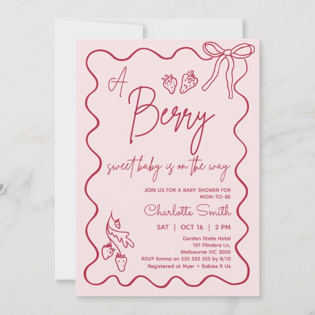 Hand Drawn Pink Red Strawberry Baby Shower Invitation (Front)