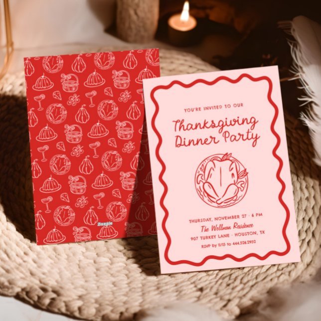 Hand Drawn Pink Red Whimsy Doodle Thanksgiving Holiday Card (Creator Uploaded)