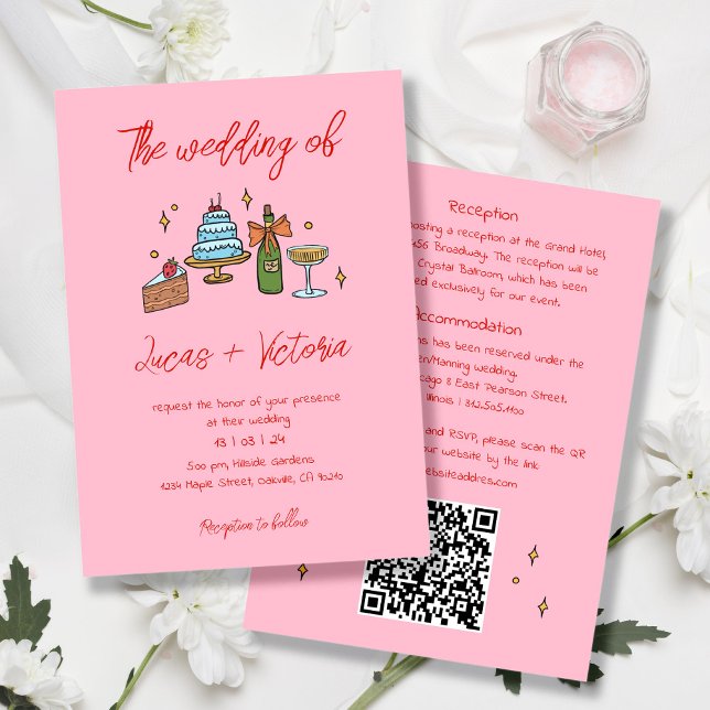Hand Drawn Pink Retro Whimsical QR Code Wedding Invitation (Creator Uploaded)