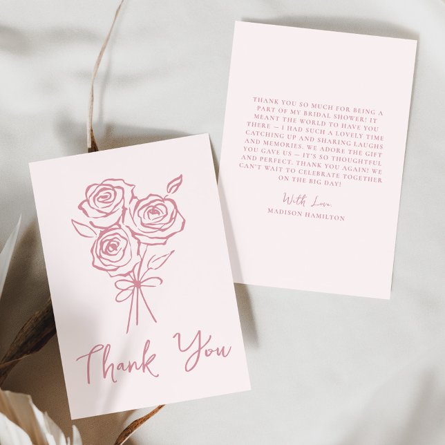 Hand-Drawn Pink Rose Bouquet Bridal Shower Thank You Card (Creator Uploaded)