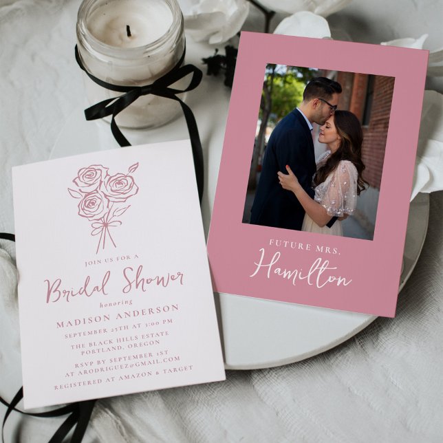Hand-Drawn Pink Rose Bouquet Photo Bridal Shower Invitation (Creator Uploaded)
