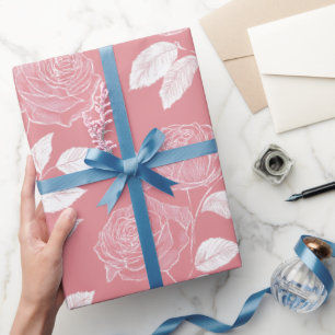 Hand Drawn Pink Rose White Floral Pattern Wrapping Paper