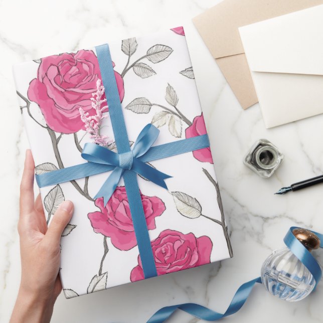Hand Drawn Pink Rose White Floral Pattern Wrapping Paper (Gifting)